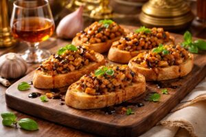 The Imperial Finale: Caesar's Mushroom Concassé Bruschettas with Balsamic Glaze