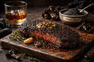 Gourmet Magic Wild Harvested Gourmet Midnight Steak Crust with Black Trumpet and Bourbon Glaze for Incredible Mastery Recipe