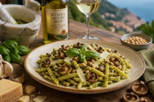 Trofie with Pesto and Fairy Ring Accents Trofie with Pesto and Fairy Ring Accents