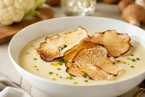 Velouté Dubarry with Parasol Chitin Crisps Velouté Dubarry with Parasol Chitin Crisps