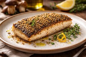 Wild Porcini and Herb-Crusted Roasted Sea Bass