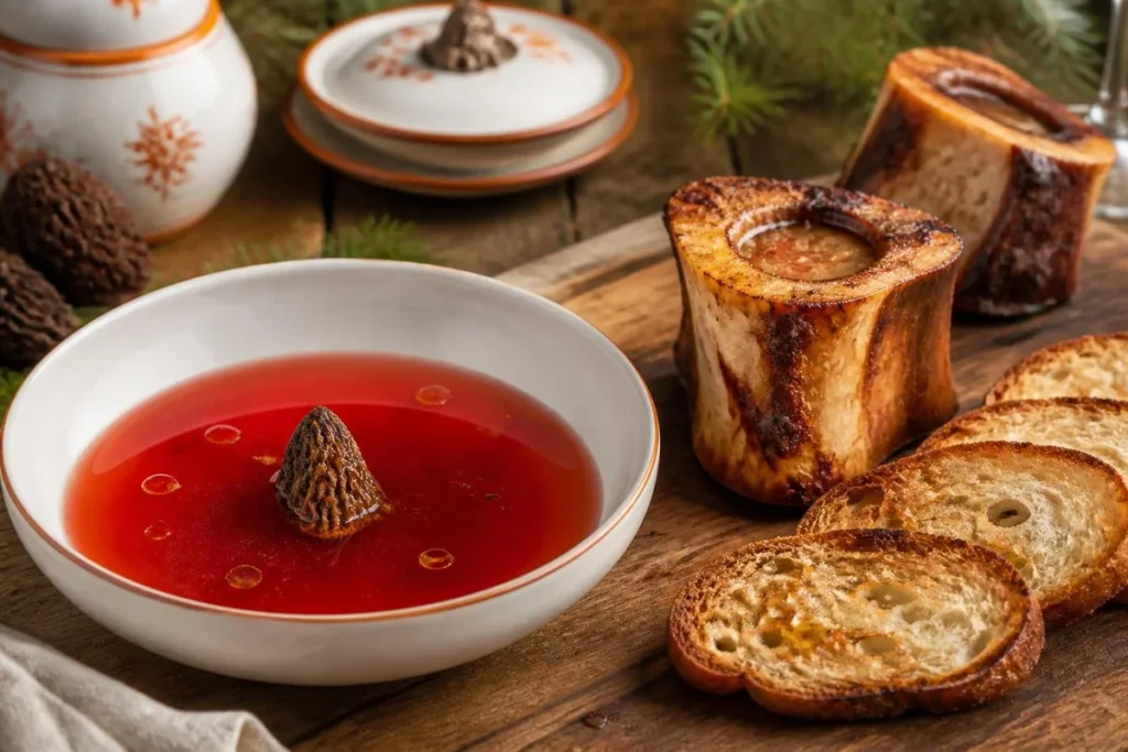 Beefsteak Fungus Consommé with Bone Marrow Toasts