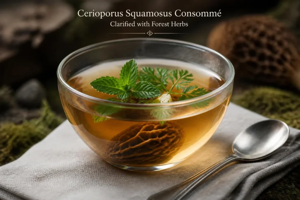 Cerioporus Squamosus Consommé Clarified with Forest Herbs