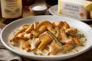 Cream Braised Hedgehog Mushrooms with Calvados and Thyme