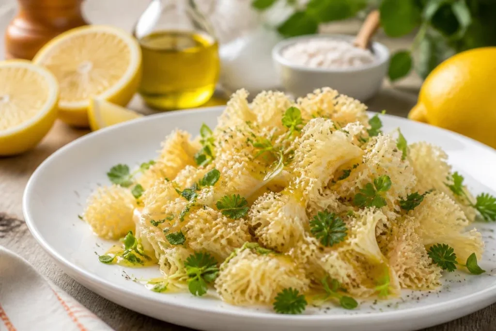 Poached Cauliflower Mushroom Lemon Salad