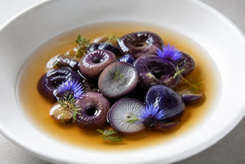 Poached Russula Cyanoxantha in Aromatic Broth