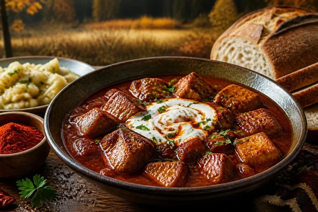 Puffball Goulash with Smoked Chili and Sour Cream