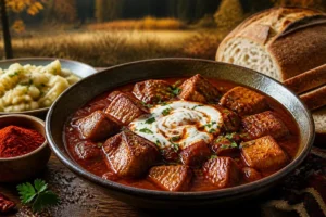 Puffball Goulash with Smoked Chili and Sour Cream