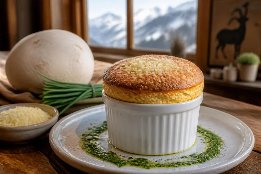 Puffball Soufflé with Gruyère and Chive Emulsion