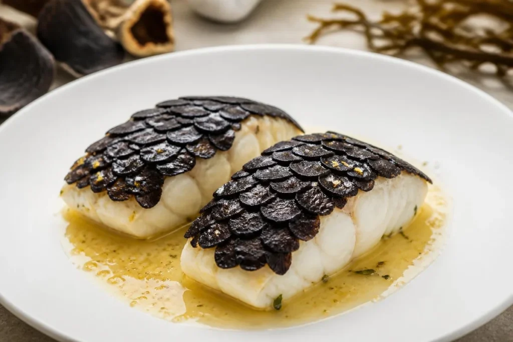 Roast Halibut with Black Trumpet Crust