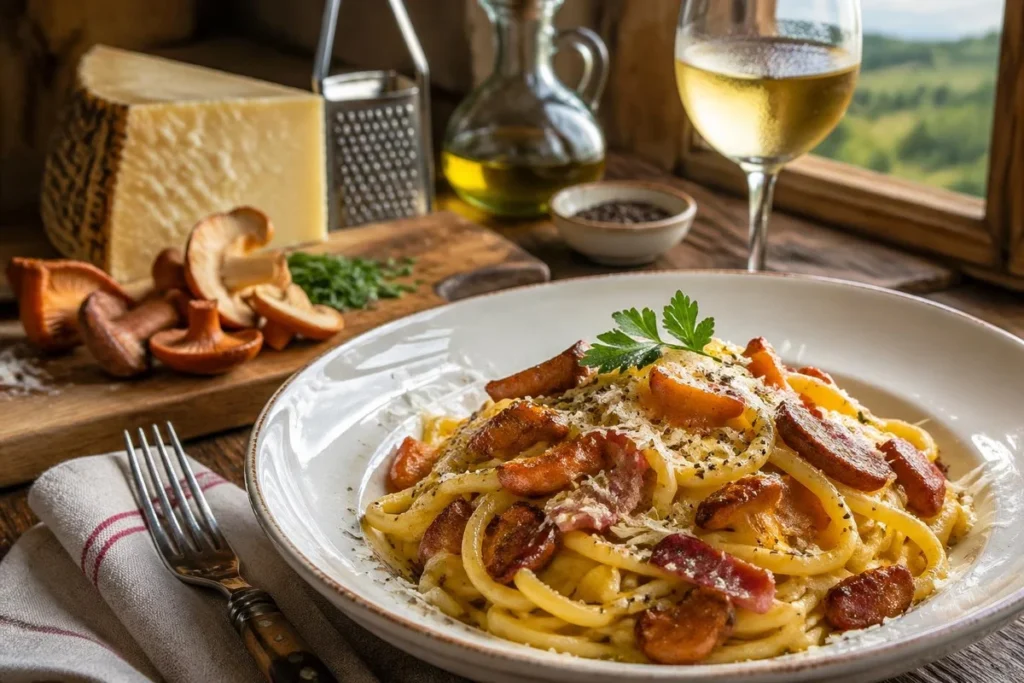 Saffron Milk Cap Carbonara with Guanciale and Pecorino Romano