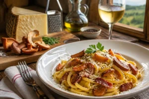 Saffron Milk Cap Carbonara with Guanciale and Pecorino Romano
