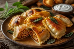 Saffron Milk Cap Pierogi with Brown Butter and Sage