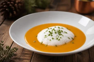 Saffron Milk Cap Soup with Foam and Chives