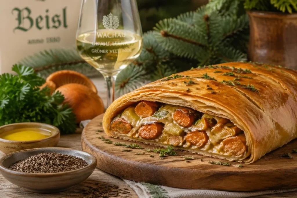 Saffron Milk Cap Strudel with Sour Cream and Caraway