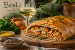 Saffron Milk Cap Strudel with Sour Cream and Caraway