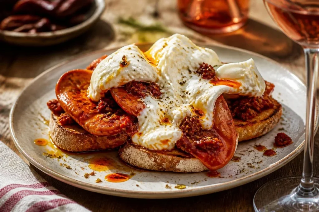 Spicy Saffron Milk Caps with 'Nduja and Burrata