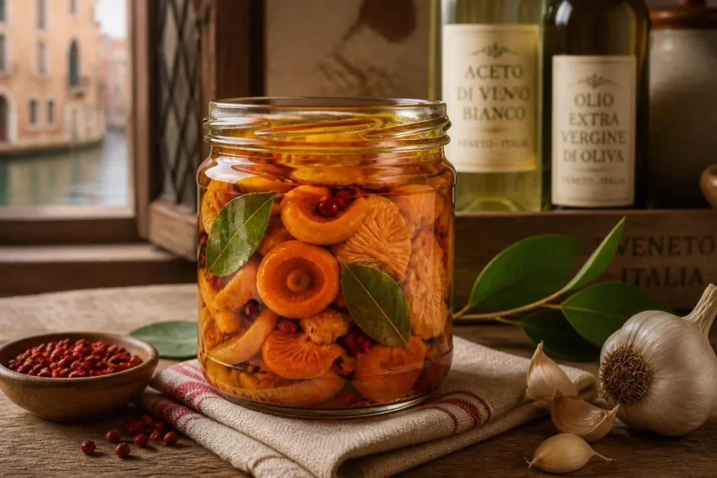 Venetian Pickled Saffron Milk Caps with Pink Peppercorns and Bay Leaf