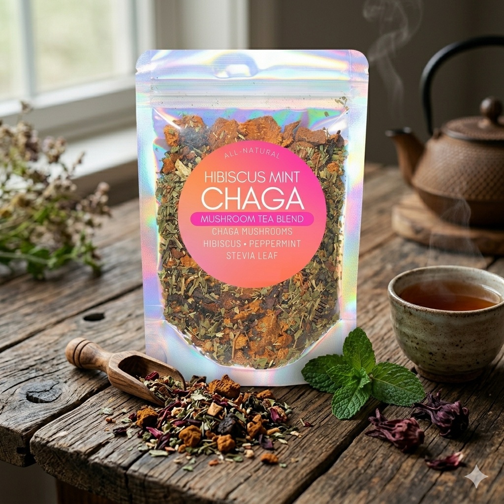 Hibiscus Mint Chaga Tea • Wildcrafted Chaga Mushroom, Hibiscus Flower & Peppermint • Botanical Apothecary Blend