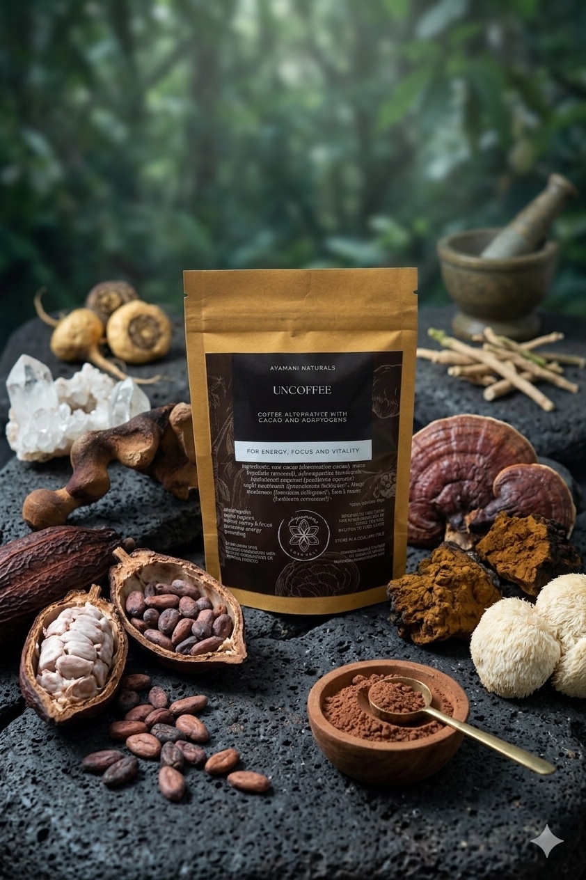 UnCoffee | Lion's Mane Cacao Adaptogenic Coffee Replacement: Guarana, Maca, Reishi, Chaga, Lion's Mane. Instant Herbal Coffee